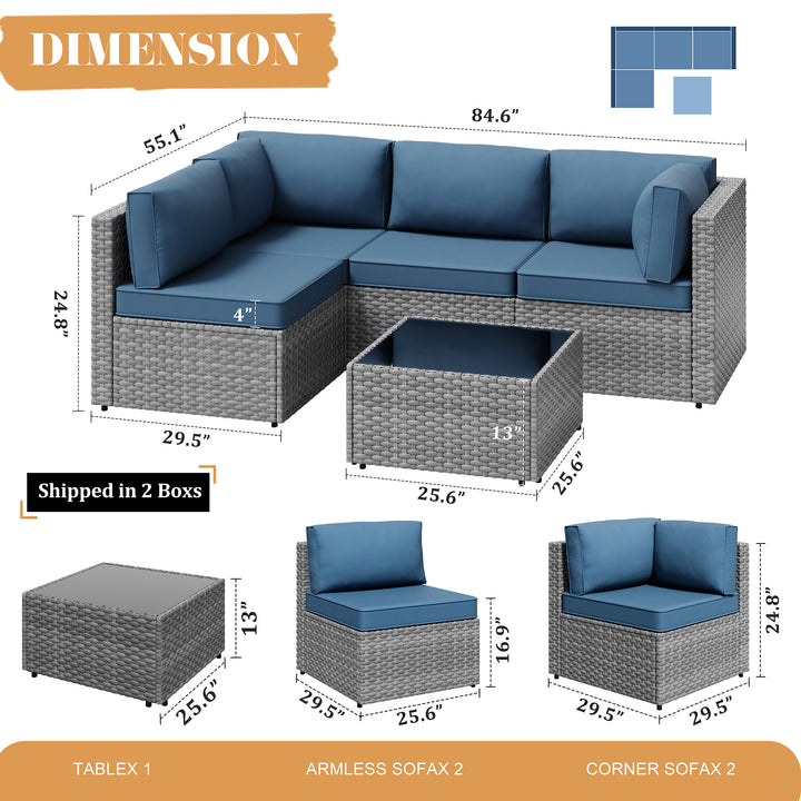 Walsunny Patio Furniture 5 Pieces Outdoor Sectional Sofas, Sliver Wicker