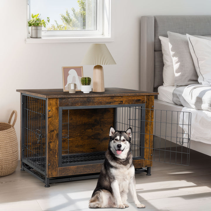 Walsunny Wooden Dog Crate Furniture,Double-Doors Kennel Indoor with Divider and Removable Tray,End Table Dog Crate for Decoration