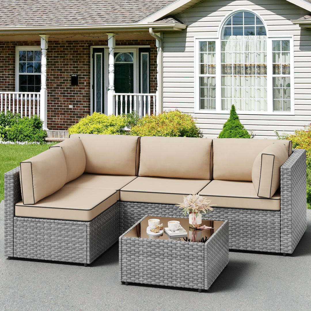 Walsunny Patio Furniture 5 Pieces Outdoor Sectional Sofas, Sliver Wicker
