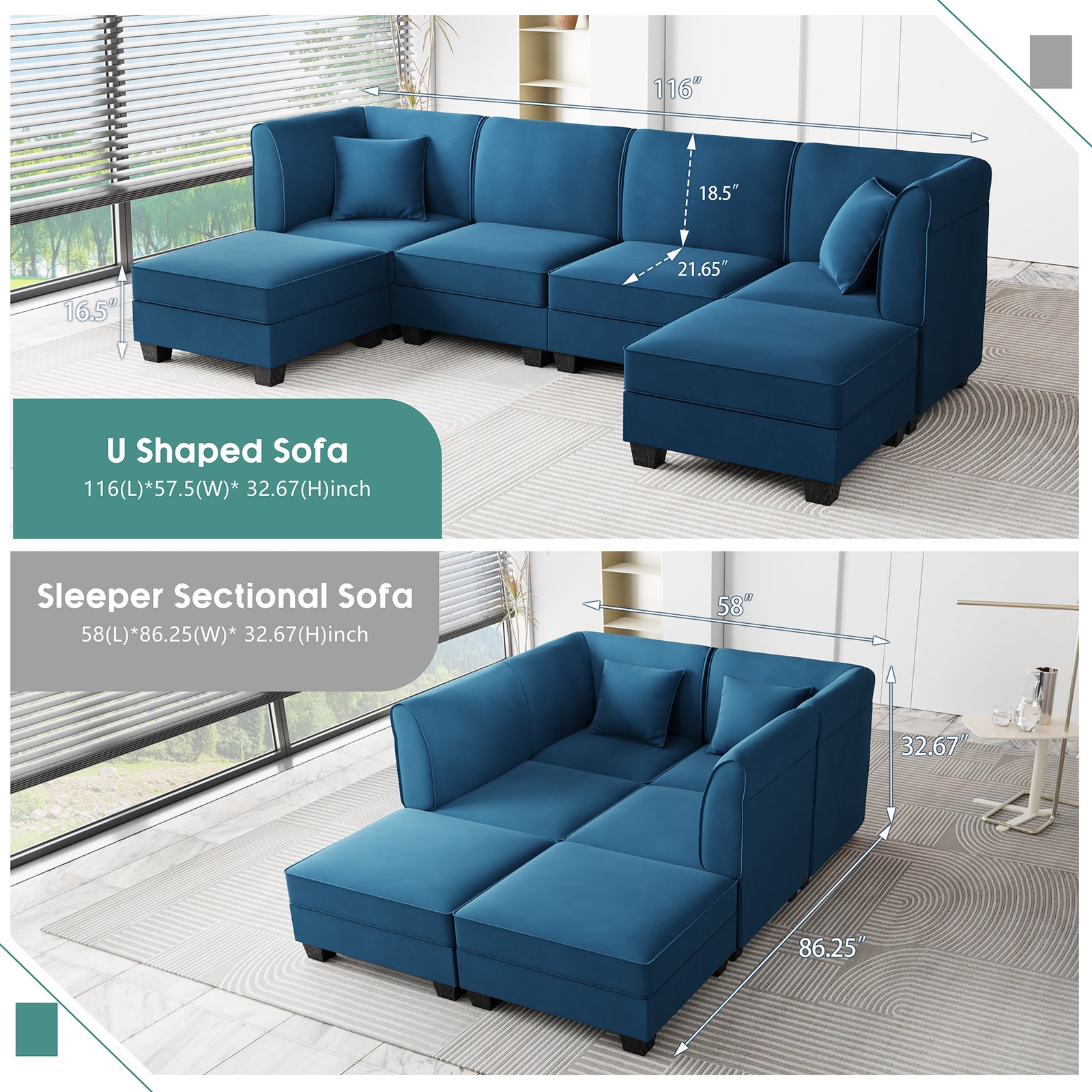 Walsunny U-Shape Convertible Sectional Sofa Couch with 6 Seats
#color_blue
