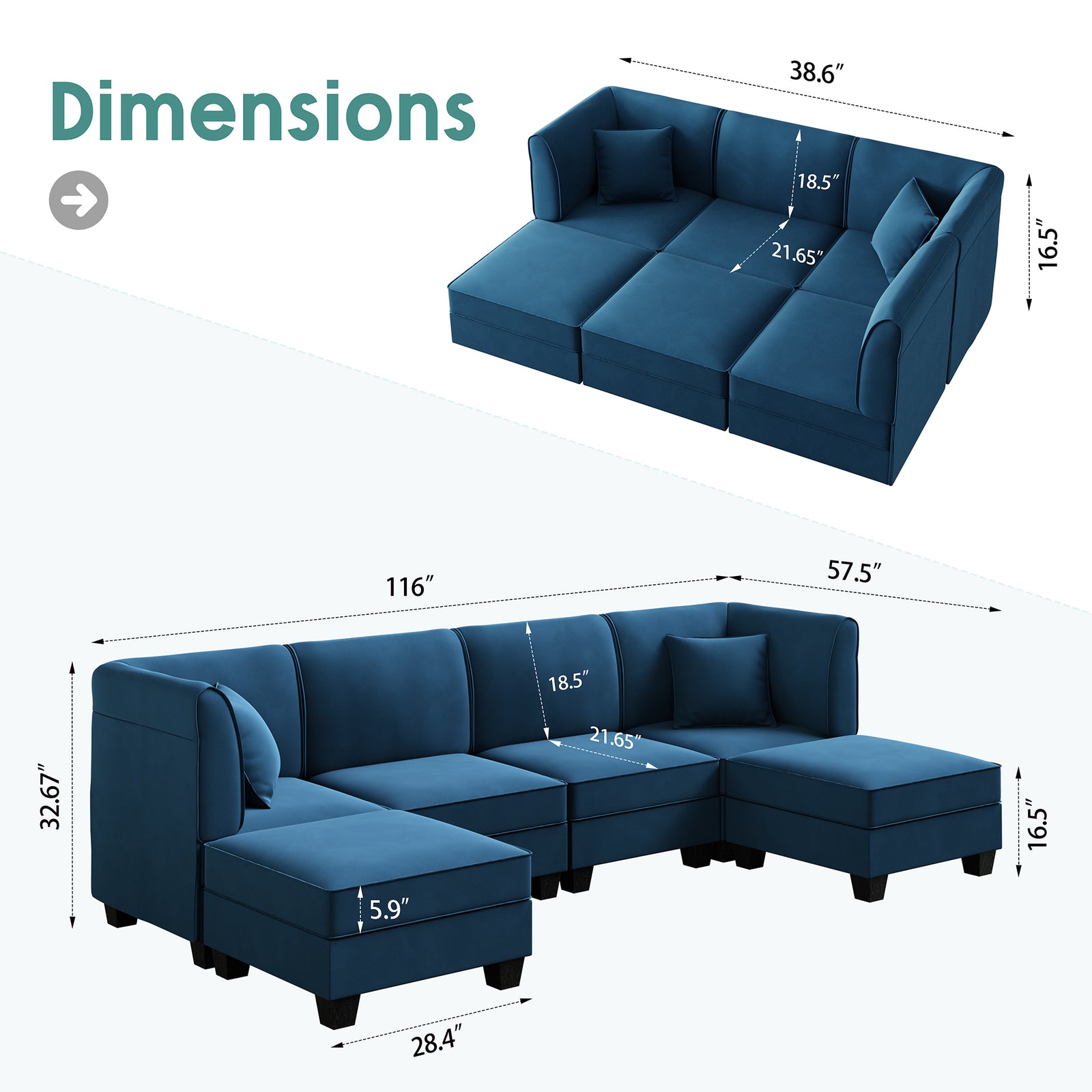 Walsunny U-Shape Convertible Sectional Sofa Couch with 6 Seats
#color_blue