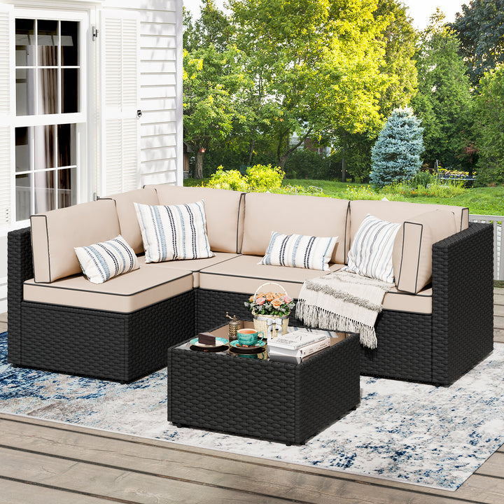 Walsunny Patio Furniture 5 Pieces Outdoor Sectional Sofa, Black Wicker