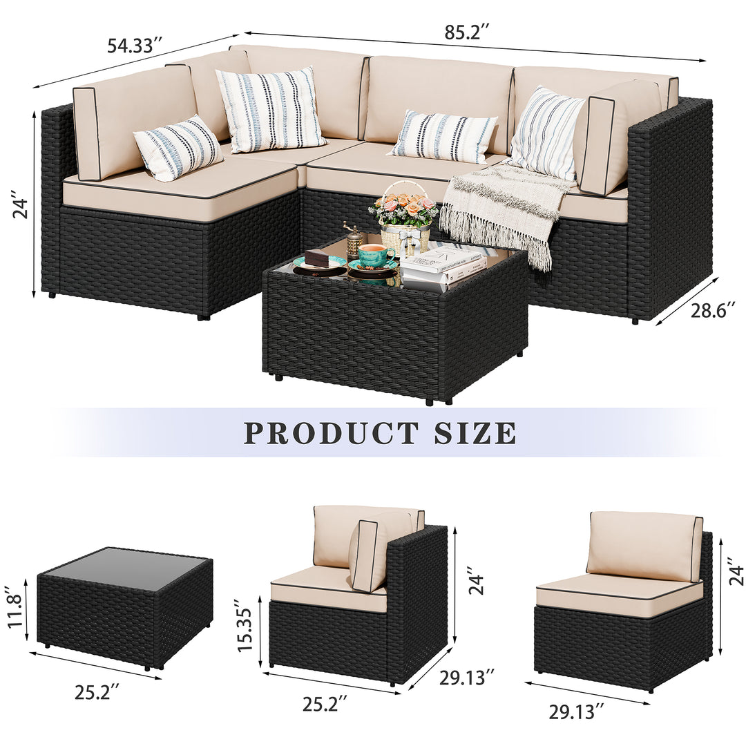 Walsunny Patio Furniture 5 Pieces Outdoor Sectional Sofa, Black Wicker