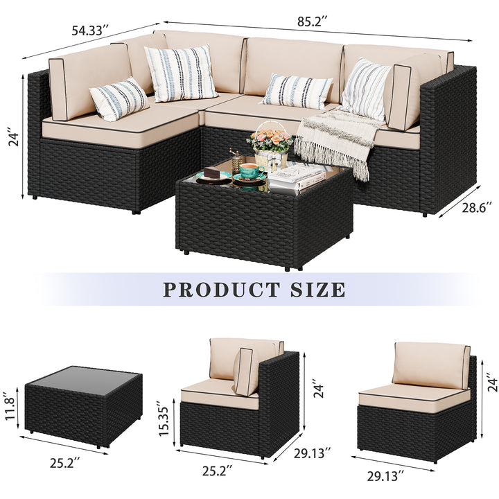 Walsunny Patio Furniture 5 Pieces Outdoor Sectional Sofa, Black Wicker