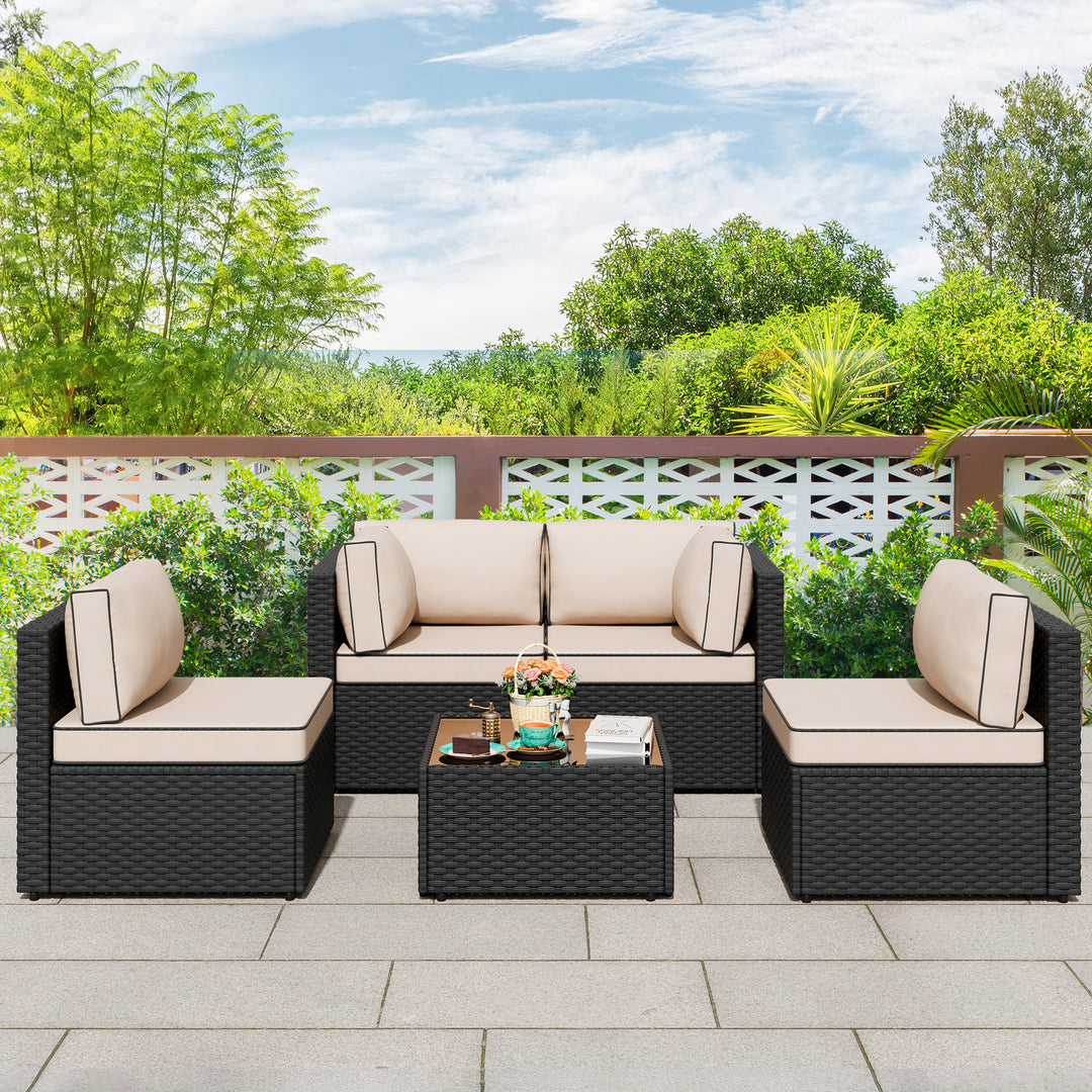 Walsunny Patio Furniture 5 Pieces Outdoor Sectional Sofa, Black Wicker