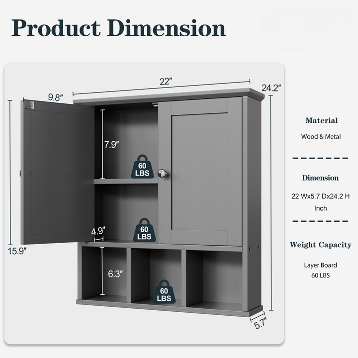 Walsunny Bathroom Wall Cabinet with 2 Door &Adjustable Shelves