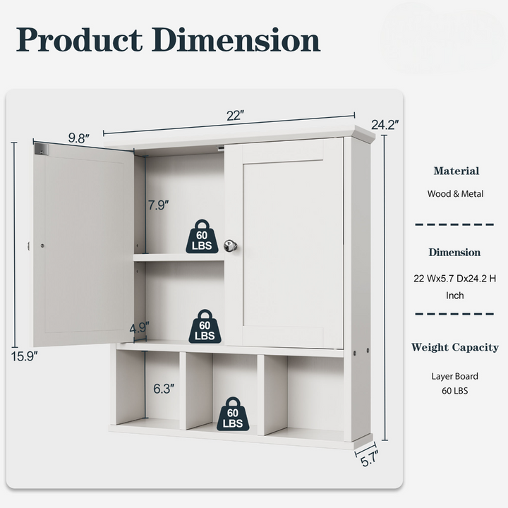 Walsunny Bathroom Wall Cabinet with 2 Door &Adjustable Shelves