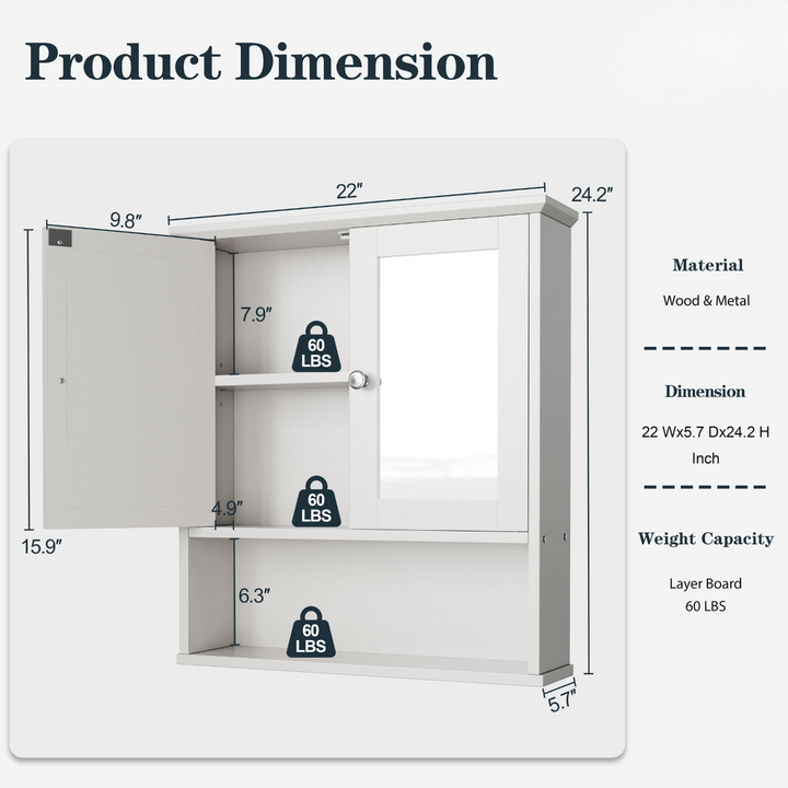 Walsunny Bathroom Medicine Cabinet with Mirror, 2 Doors 3 Open Shelf