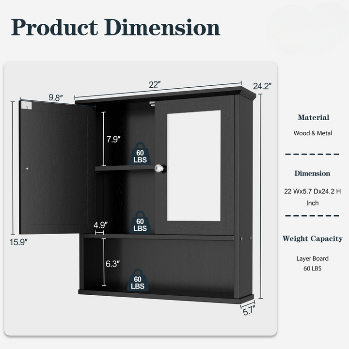 Walsunny Bathroom Medicine Cabinet with Mirror, 2 Doors 3 Open Shelf
