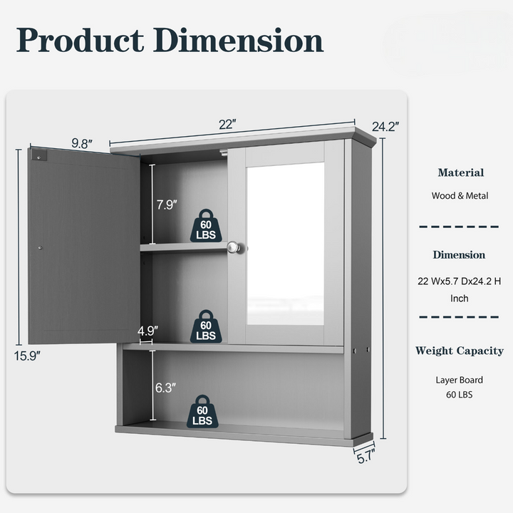 Walsunny Bathroom Medicine Cabinet with Mirror, 2 Doors 3 Open Shelf