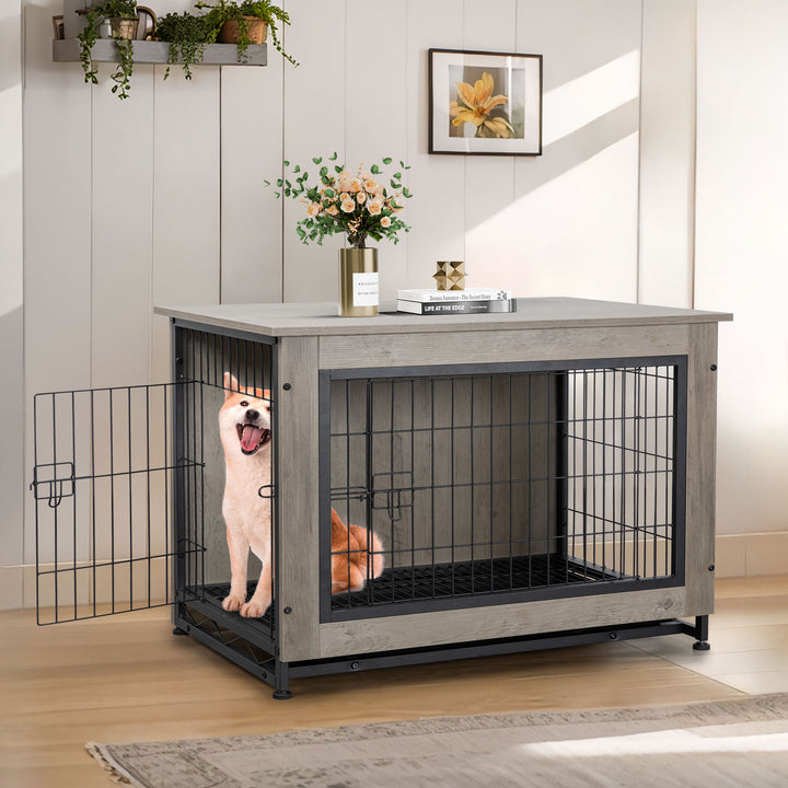 Walsunny Wooden Dog Crate Furniture,Double-Doors Kennel Indoor with Divider and Removable Tray,End Table Dog Crate for Decoration