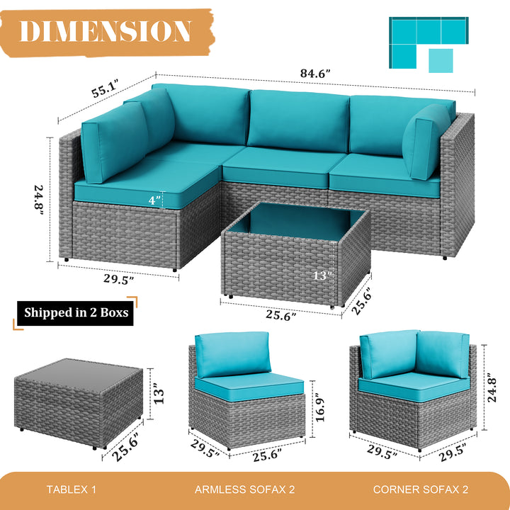 Walsunny Patio Furniture 5 Pieces Outdoor Sectional Sofas, Sliver Wicker