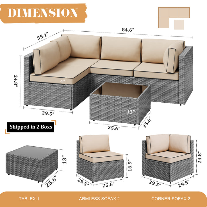 Walsunny Patio Furniture 5 Pieces Outdoor Sectional Sofas, Sliver Wicker