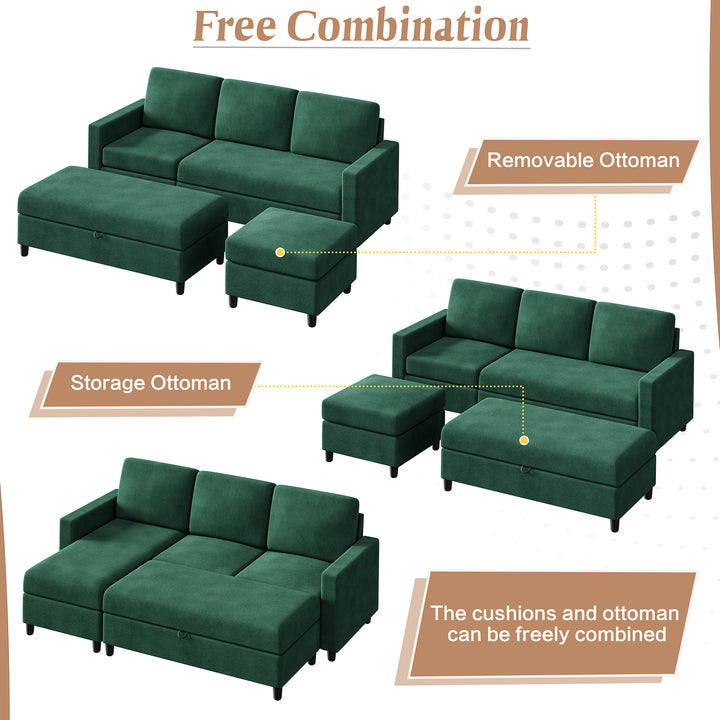 Walsunny Sectional Sofa With Long Storage Ottoman For Small Apartment#color_green
