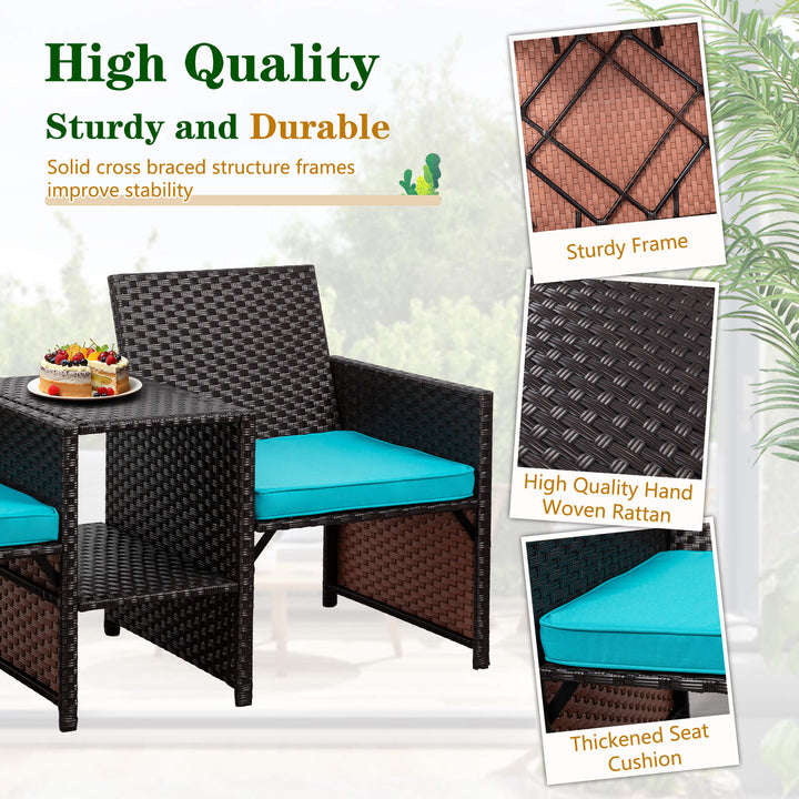 Walsunny Patio Rattan Conversation Set Seat Sofa Cushioned Loveseat Table Chairs Dark Blue