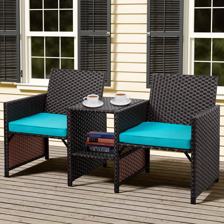 Walsunny Patio Rattan Conversation Set Seat Sofa Cushioned Loveseat Table Chairs Dark Blue