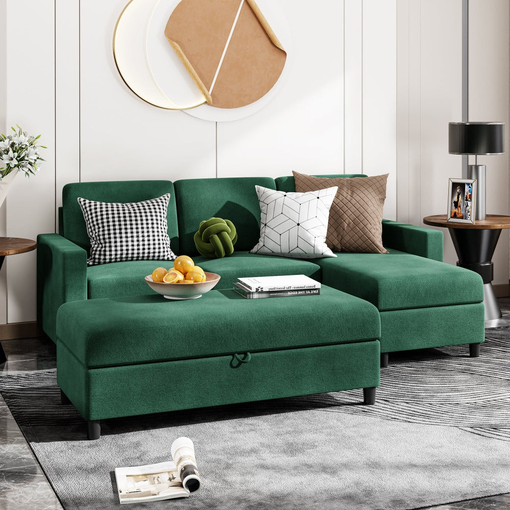 Walsunny Sectional Sofa With Long Storage Ottoman For Small Apartment#color_green