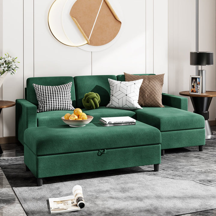 Walsunny Sectional Sofa With Long Storage Ottoman For Small Apartment#color_green