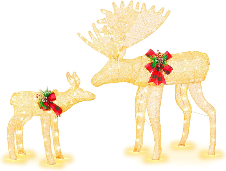 Walsunny  2-Piece Reindeer Christmas Decoration, 4FT Moose Family Outdoor Holiday Christmas Decor, Pre-Lit 170 LED Lights Deer