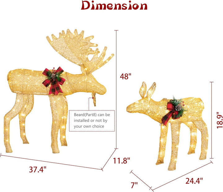 Walsunny  2-Piece Reindeer Christmas Decoration, 4FT Moose Family Outdoor Holiday Christmas Decor, Pre-Lit 170 LED Lights Deer