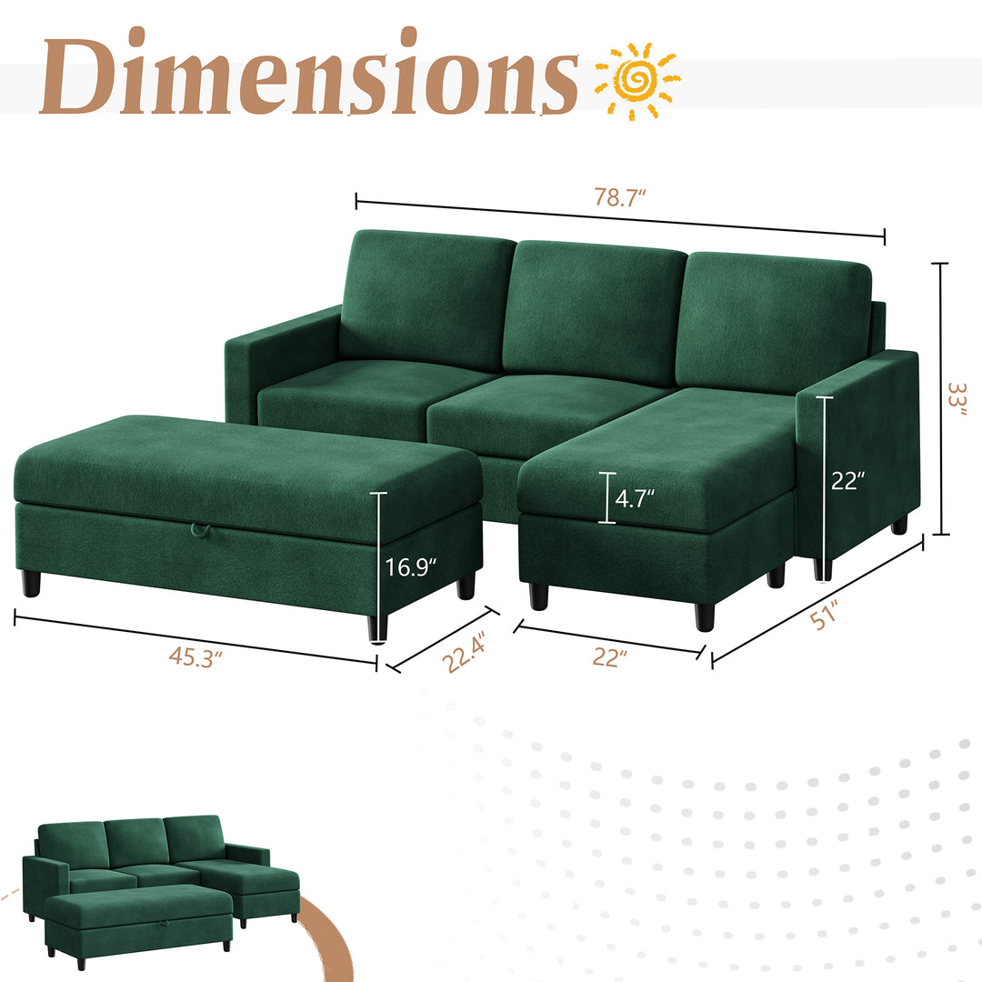 Walsunny Sectional Sofa With Long Storage Ottoman For Small Apartment#color_green