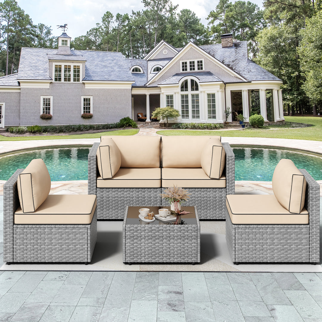 Walsunny Patio Furniture 5 Pieces Outdoor Sectional Sofas, Sliver Wicker