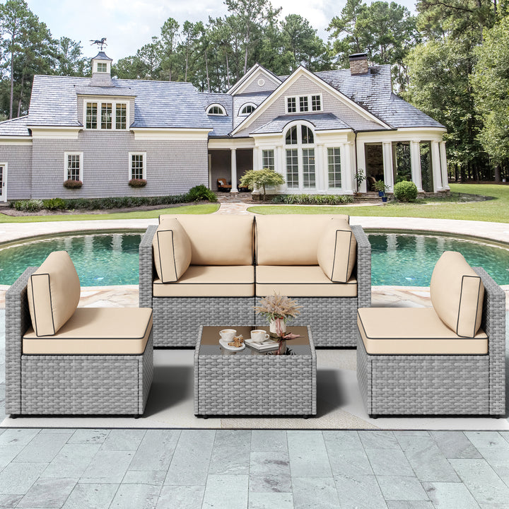 Walsunny Patio Furniture 5 Pieces Outdoor Sectional Sofas, Sliver Wicker