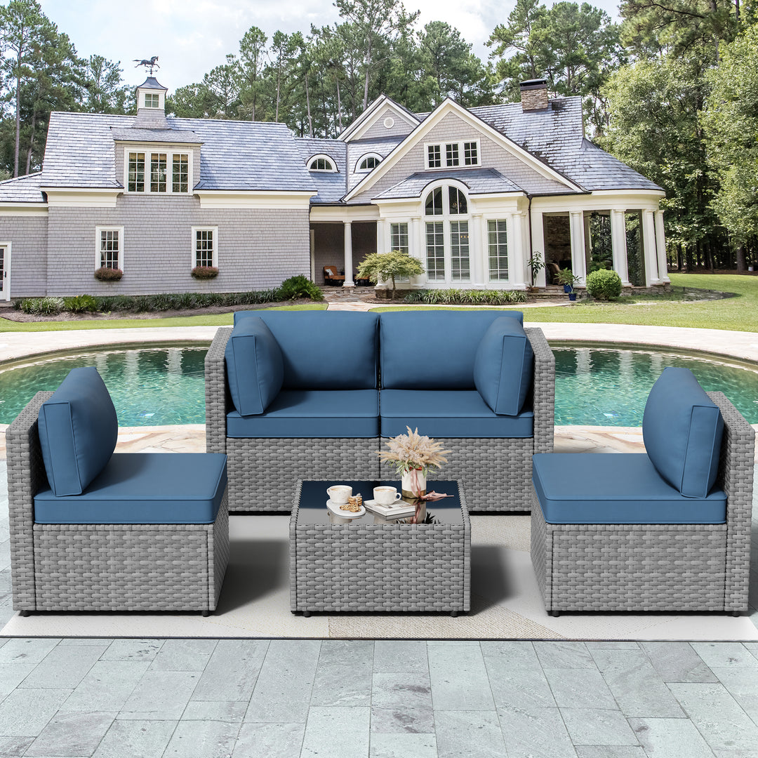 Walsunny Patio Furniture 5 Pieces Outdoor Sectional Sofas, Sliver Wicker