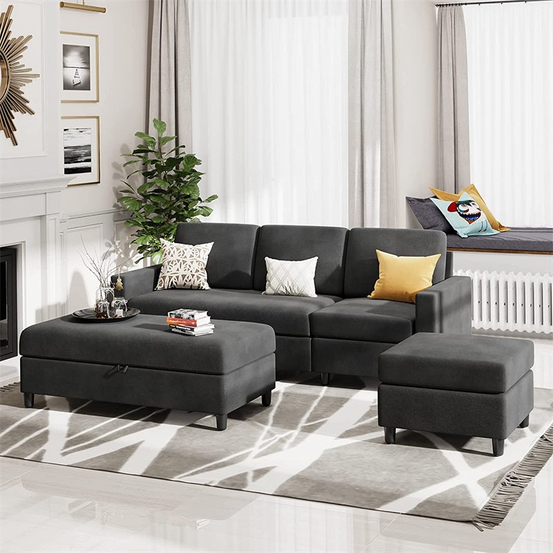 Walsunny Sectional Sofa With Long Storage Ottoman For Small Apartment#color_black (7136755155120)