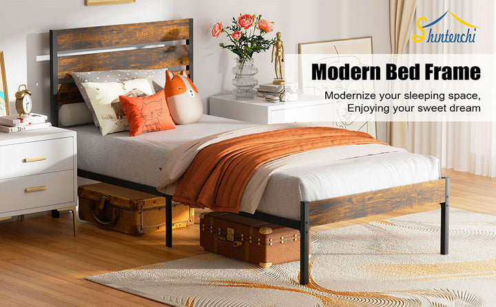 Walsunny Twin Size Heavy Duty Twin Size Bed Frame with Headboard and Footboard