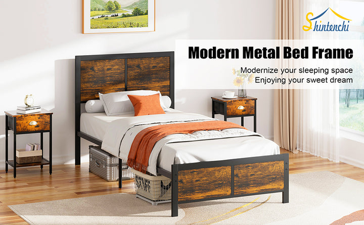 Walsunny Twin Bed Frame with Headboard and Footboard, Strong Steel Slat Support