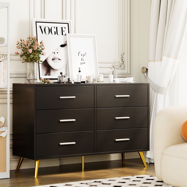 Walsunny 9 Drawer Double Dresser Black Wooden Wide Chest of Drawers with Metal Handles Storage Organizer Dresser Nursery Dresser for Living Room Hallway (7504222027952)