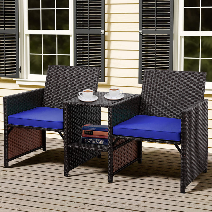 Walsunny Patio Rattan Conversation Set Seat Sofa Cushioned Loveseat Table Chairs Dark Blue