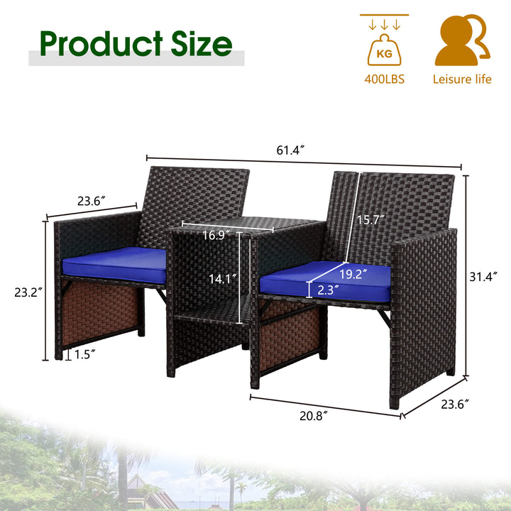 Walsunny Patio Rattan Conversation Set Seat Sofa Cushioned Loveseat Table Chairs Dark Blue