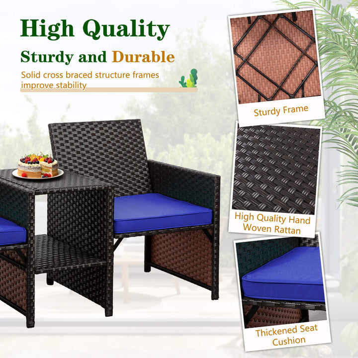 Walsunny Patio Rattan Conversation Set Seat Sofa Cushioned Loveseat Table Chairs Dark Blue