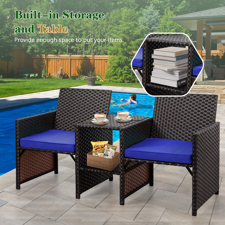 Walsunny Patio Rattan Conversation Set Seat Sofa Cushioned Loveseat Table Chairs Dark Blue