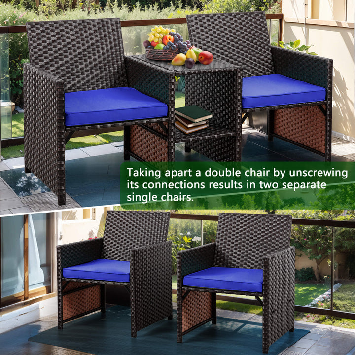 Walsunny Patio Rattan Conversation Set Seat Sofa Cushioned Loveseat Table Chairs Dark Blue