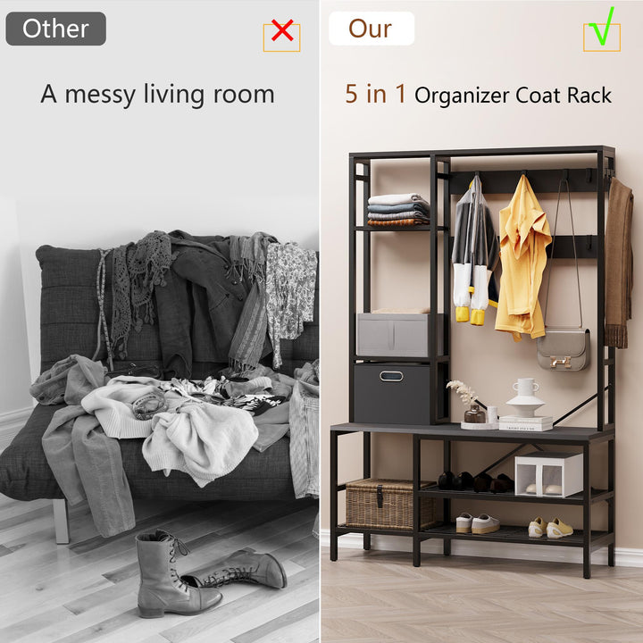 Walsunny Coat Rack with Bench and Shoe Storage Shelves - 5 in 1 Large Organizer