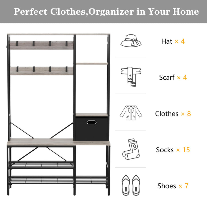 Walsunny Coat Rack with Bench and Shoe Storage Shelves - 5 in 1 Large Organizer