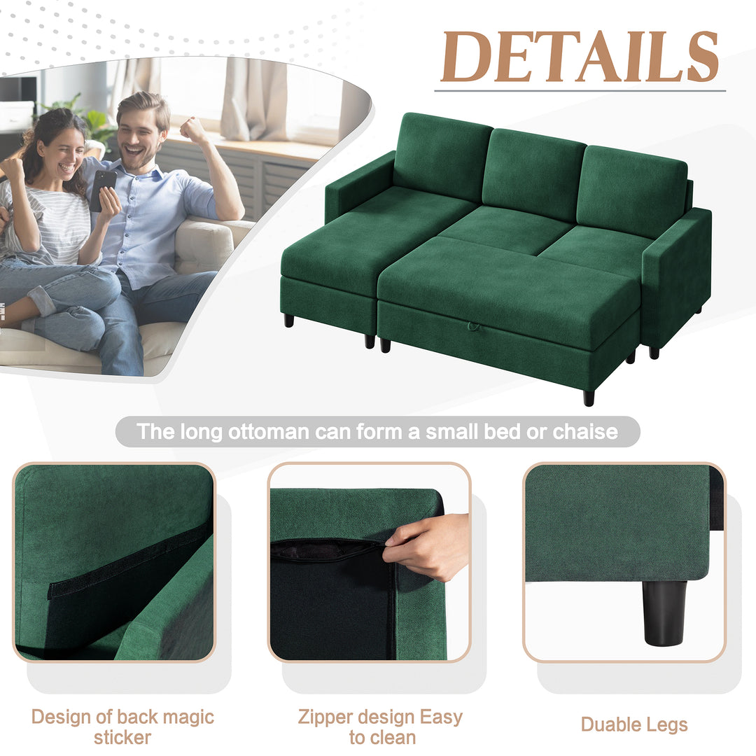Walsunny Sectional Sofa With Long Storage Ottoman For Small Apartment#color_green