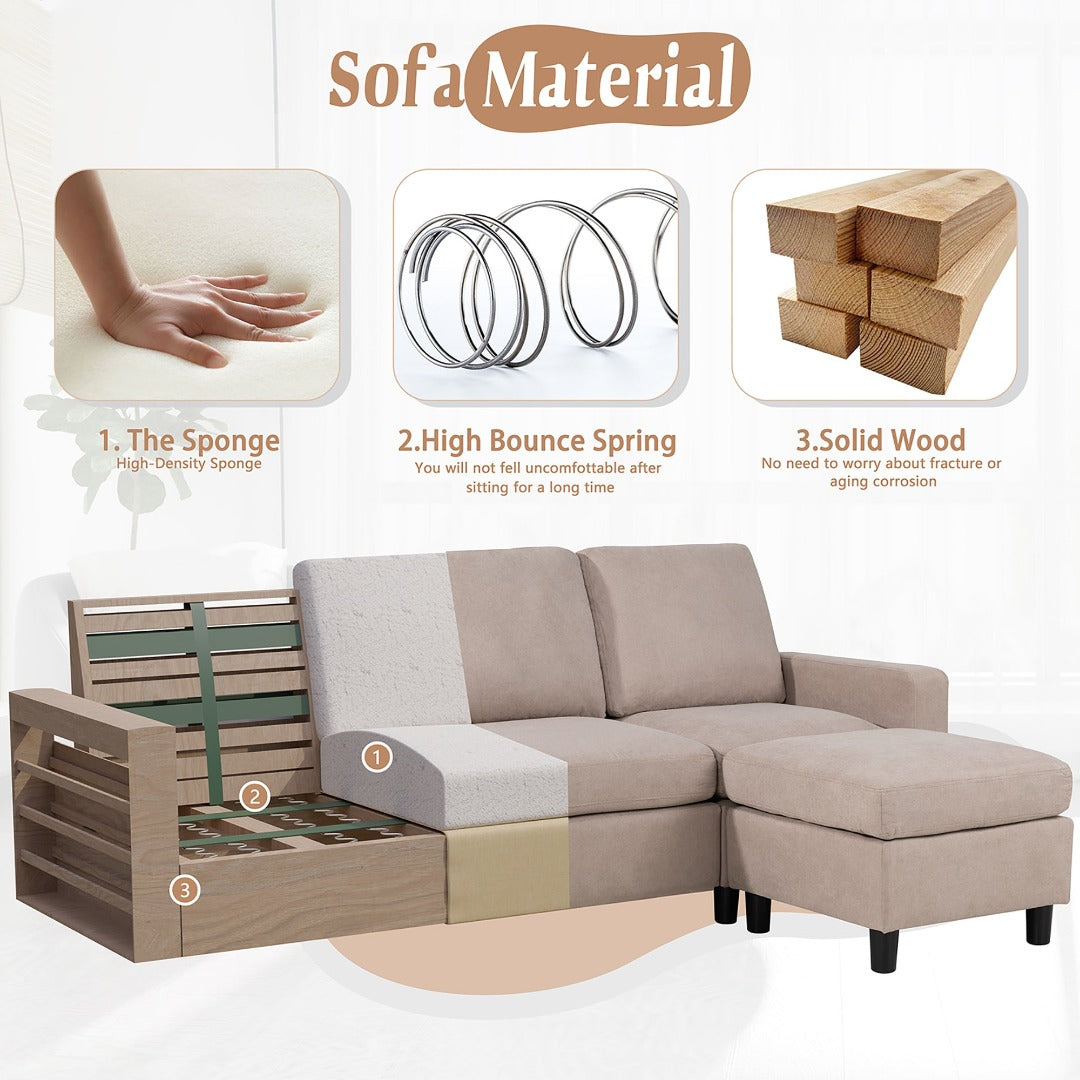 Walsunny Sectional Sofa With Long Storage Ottoman For Small Apartment#color_khaki (7136755155120)