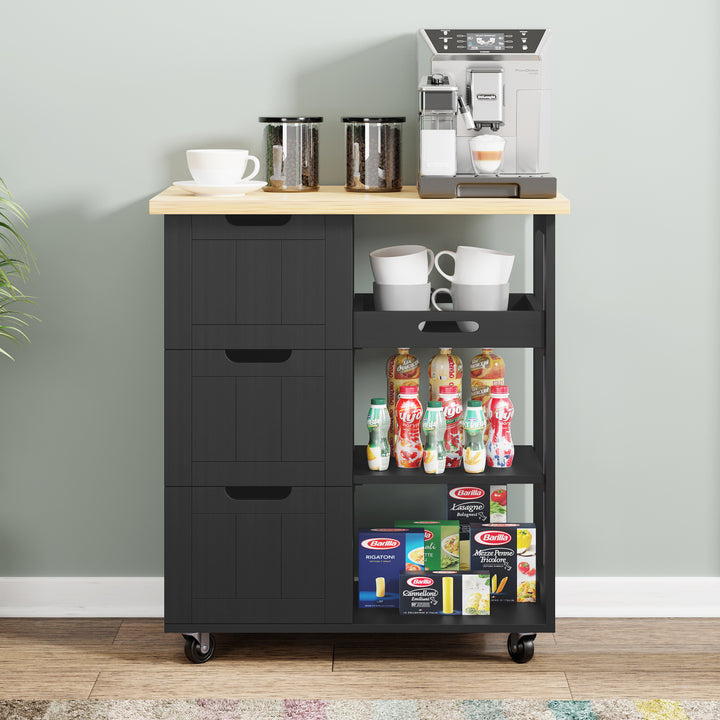 Walsunny 26.57¡®¡¯ Rolling Kitchen Island Storage & Bar Cart with Solid Wood Top#color_black (7278481932464)