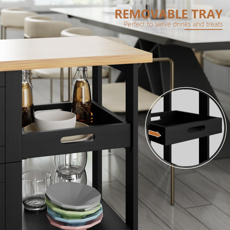 Walsunny 26.57¡®¡¯ Rolling Kitchen Island Storage & Bar Cart with Solid Wood Top#color_black (7278481932464)