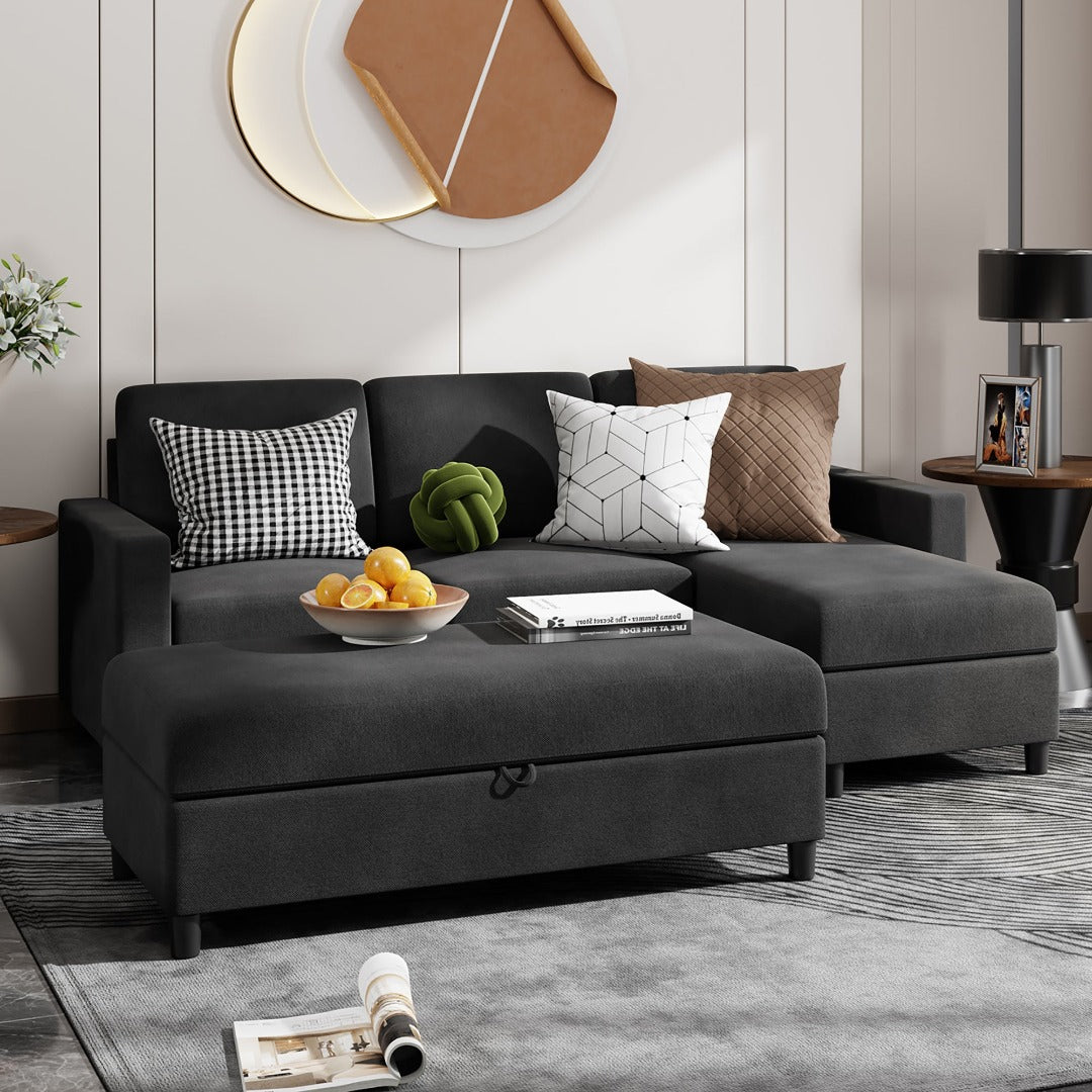 Walsunny Sectional Sofa With Long Storage Ottoman For Small Apartment#color_black (7136755155120)