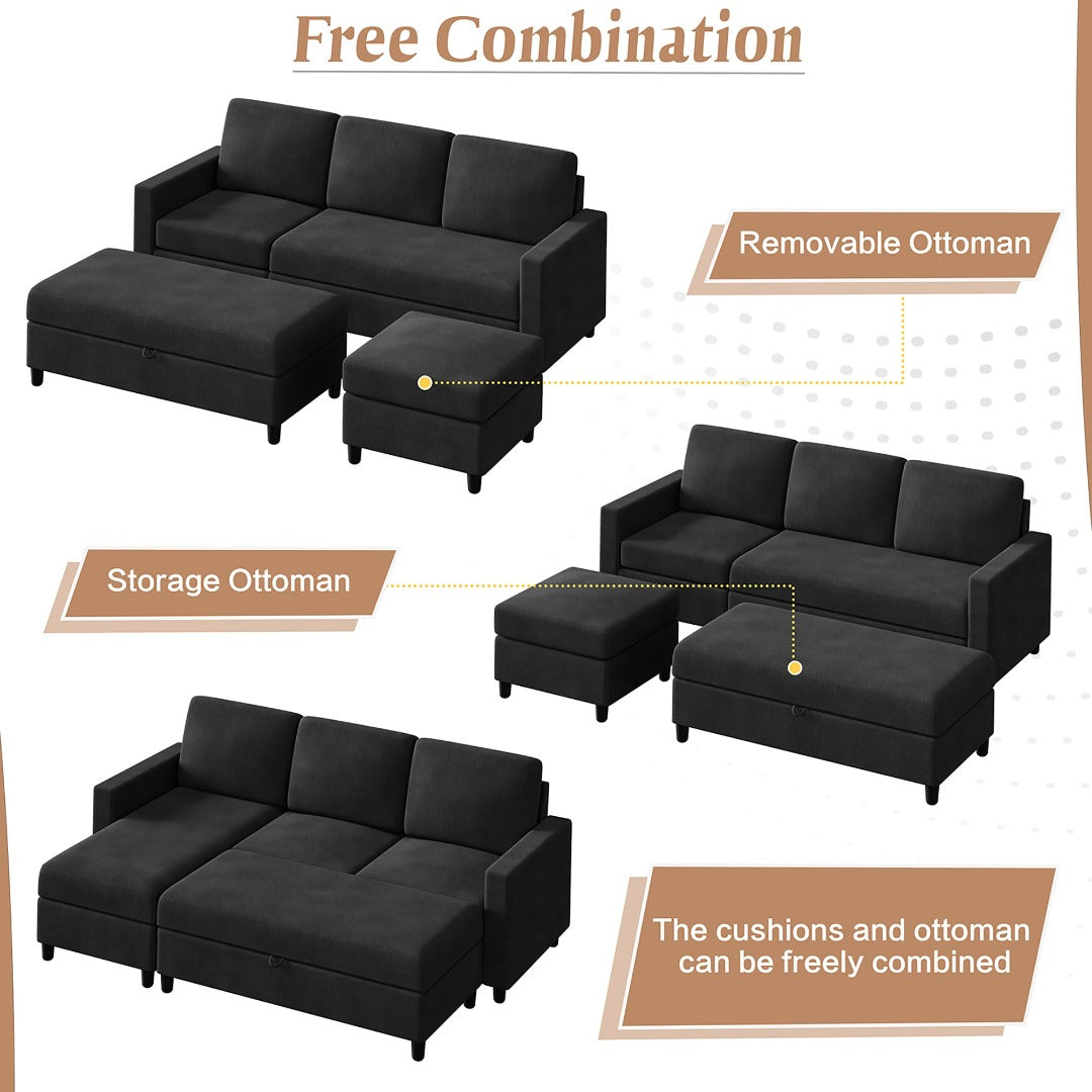 Walsunny Sectional Sofa With Long Storage Ottoman For Small Apartment#color_black (7136755155120)