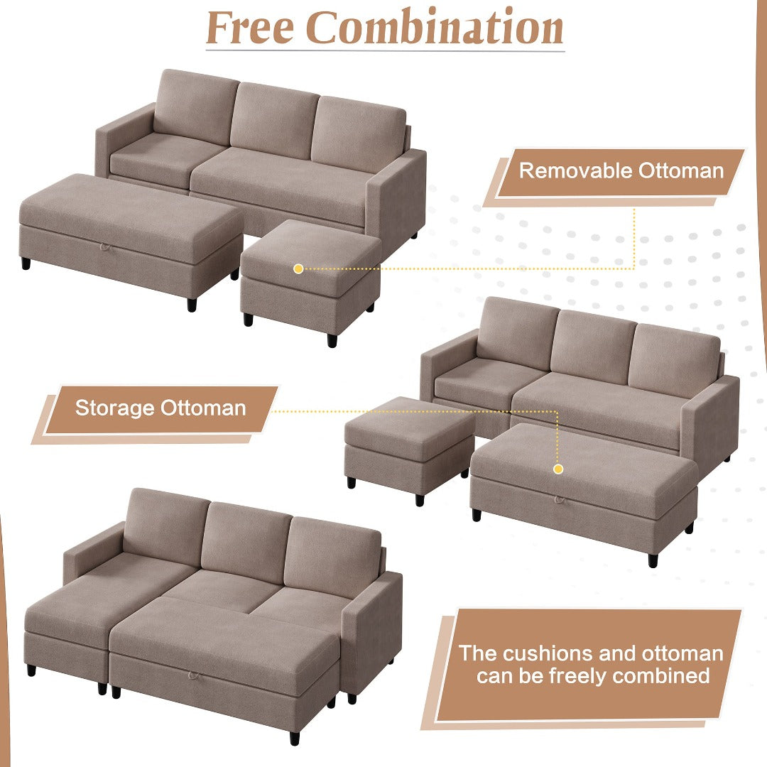 Walsunny Sectional Sofa With Long Storage Ottoman For Small Apartment#color_khaki (7136755155120)