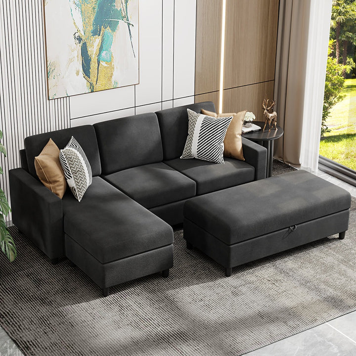 Walsunny Sectional Sofa With Long Storage Ottoman For Small Apartment#color_black (7136755155120)