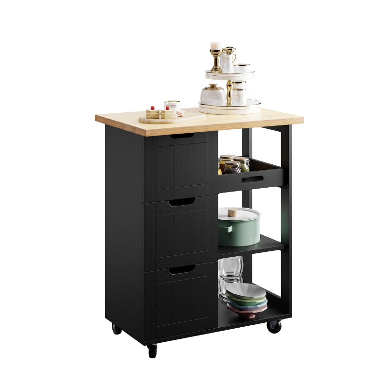 Walsunny 26.57¡®¡¯ Rolling Kitchen Island Storage & Bar Cart with Solid Wood Top#color_black (7278481932464)