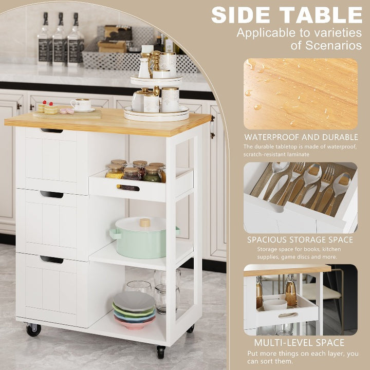 Walsunny 26.57¡®¡¯ Rolling Kitchen Island Storage & Bar Cart with Solid Wood Top#color_white (7278481932464)