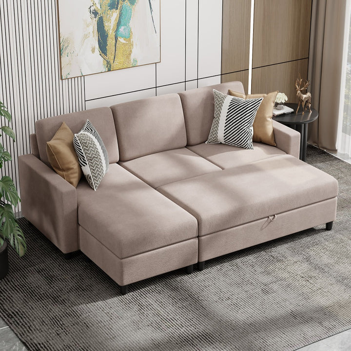 Walsunny Sectional Sofa With Long Storage Ottoman For Small Apartment#color_khaki (7136755155120)